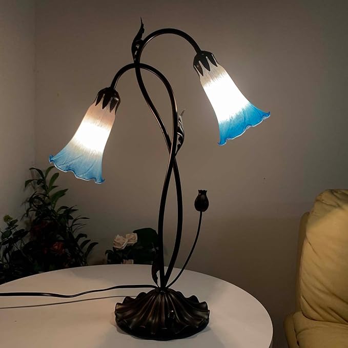 Bieye L10853 Lily Flower Blown Glass Accent Table Lamp for Living Room Bedroom Decoration (2-Light, Blue)