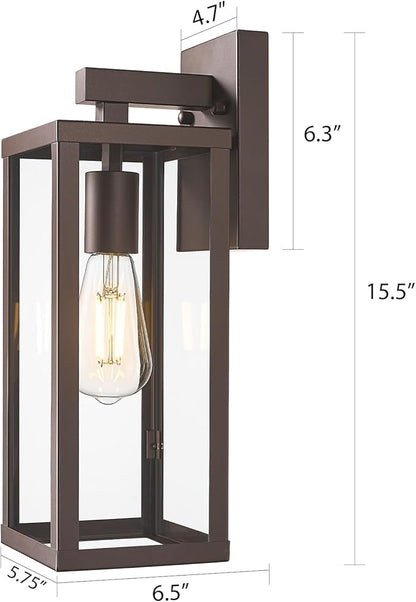 Outdoor Wall Light with Clear Glass, Anti-Rust Exterior Wall Sconce, Weather Resistant Outdoor Lantern, Exterior Lighting for Porch, Patio, Garage, Entryway (Oil-Rubbed Bronze, 15.5"Height-2 Pack)