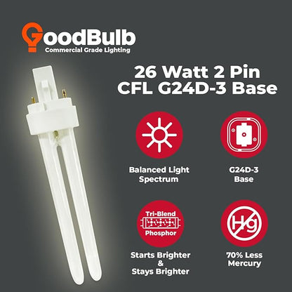 GoodBulb 26 Watt CFL Light Bulbs 2 Pin G24D-3 Base 3500K Neutral White 26W High Output 1800 Lumens Double Tube Compact Fluorescent Light Bulbs Plug-in 10 Pack