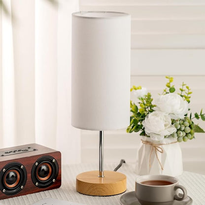 Small Table Lamp for Night Stands, Round White Fabric Shade and Wood Base, Modern Minimalist Bedside Lamps for Bedroom Dresser, Living Room, Dffice Desk, College Rorm, Warm Light, 5W LED Bulb Included