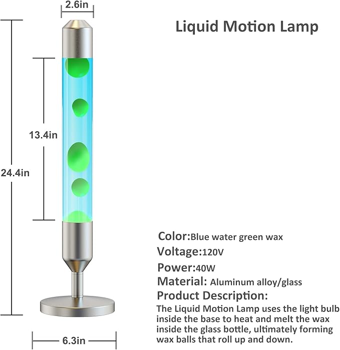 24.4-Inch Relaxing Liquid Motion Lamps,Magma Lamps, Home Decor Living Room Office Bedroom Lamp ((Green Wax, Blue Water/Silver))