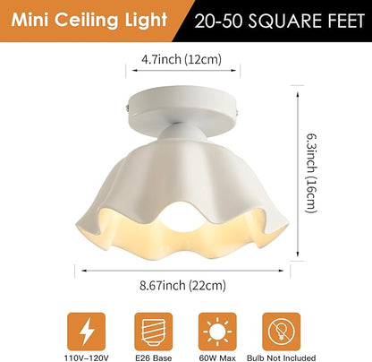 2 Pack Semi Flush Mount Ceiling Light - Flower Glaze Ceramic, White Vintage Hallway Light Fixtures, Milk Glass Ceiling Lights, Mid Century Small Light Fixture for Cottage Entryway Laundry Room Foyer
