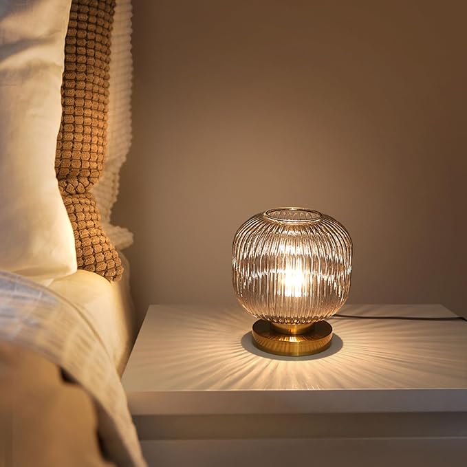 Bedside Table Lamp with Glass Shade, Small Nightlight Lamp Elegant Nightstand Lamp Modern Desk Lamp with Plug-in Style for Bedroom Living Room Tabletop,Smoky Gray, Dia7.9"x H8.7"