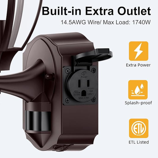 2 Pack Porch Lights with Outlet, Motion Sensor Outdoor Lights, Updated Dusk to Dawn Exterior Lighting Fixtures, Waterproof Anti-Rust Aluminum Outside Light for House Entryway Garage, Brown