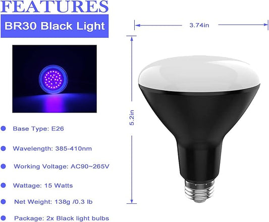 BR30 UV Black Light Bulb - 15W(100w Equivalent) E26 Medium Base, UVA 385-410nm, Blacklight Flood Light Bulbs Perfect for Body Paint, Blacklights Party, Fluorescent Poster, Halloween, Bedroom, 2 Pack