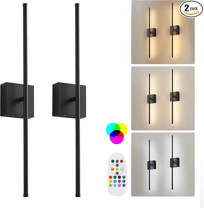 32.2 Inch 9 RGB Color Battery Operated Wireless Wall Sconces Set of Two, with Remote, Dimmable, Warm/Natural White/Daylight, Rotatable, LED Wall Light for Living Room, Bedroom, Black
