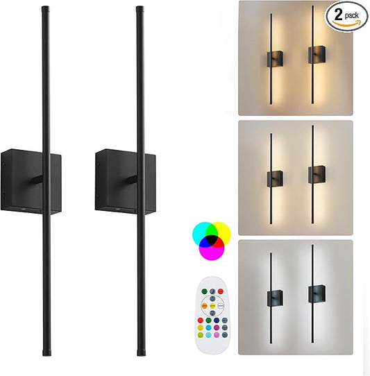32.2 Inch 9 RGB Color Battery Operated Wireless Wall Sconces Set of Two, with Remote, Dimmable, Warm/Natural White/Daylight, Rotatable, LED Wall Light for Living Room, Bedroom, Black
