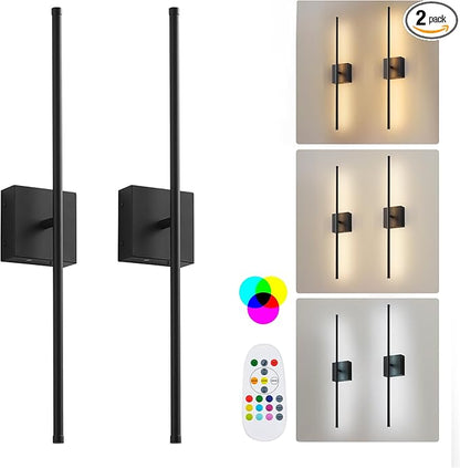 28.3 Inch 9 RGB Color Battery Operated Wireless Wall Sconces Set of Two, with Remote, Dimmable, Warm/Natural White/Daylight, Rotatable, LED Wall Light for Living Room, Bedroom, Black