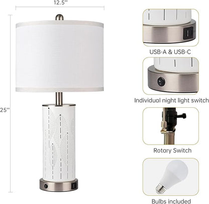 Ceramic Beautifully Engraved Decorative 25" Table Lamps Set of 2 with Nightlight,E26 Socket&Rotary Switch,USB A+C Ports,Modern Bedside Lamps for Nightstand,Bedroom(Bulbs Included)