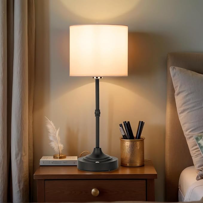Rechargeable Table Lamp, Cordless Touch Lamps, Portable Desk Light with Stepless Dimmable Brightness & Fabric Shade for Nightstand Bedside Living Room (Black, Straight)