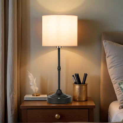 Rechargeable Table Lamp, Cordless Touch Lamps, Portable Desk Light with Stepless Dimmable Brightness & Fabric Shade for Nightstand Bedside Living Room (Black, Straight)