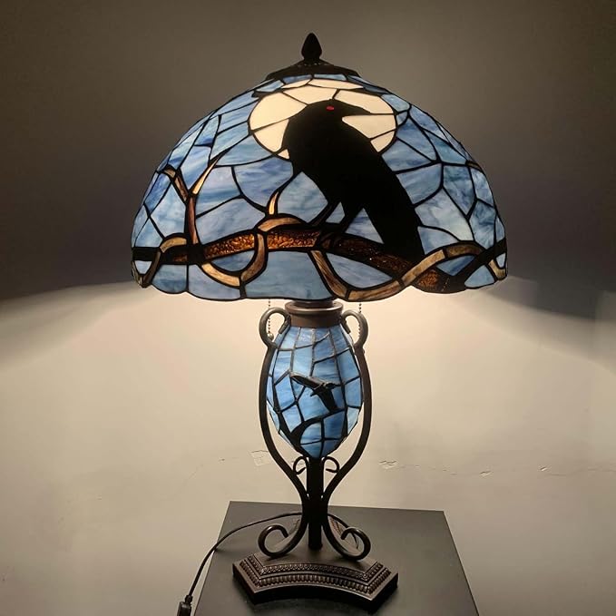 Bieye S10954 Raven Sitting on Bare Tree Tranch Against Full Moon Tiffany Style Stained Glass Lampshade (Dark Blue, 16Wx9H)