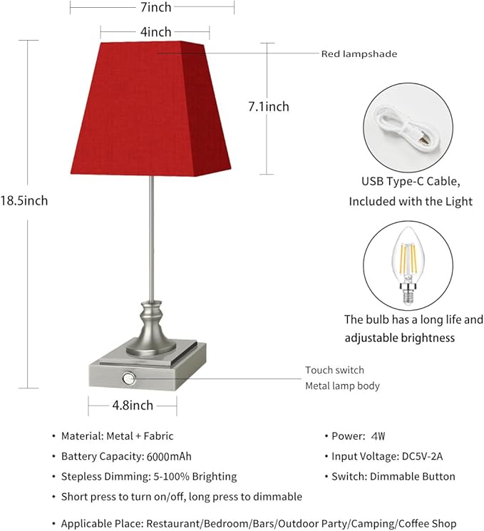 Rechargeable LED Table Lamps with Stepless Touch Control,Sliver Cordless Lamp for Living Room&Bedside&Patio&Shower,Small Desk Lamp(6000mAH Battery),1 Pack for Home Decor,Best Gifts for Family
