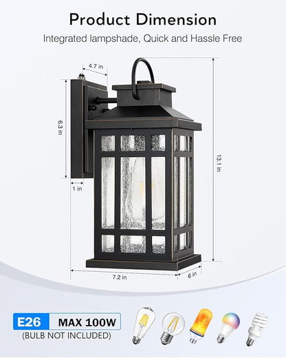 Exterior Lighting Fixtures, Black Porch Lights Outdoor with Gold Trim, Dusk to Dawn Porch Light with Seeded Glass, Aluminum Anti-Rust Waterproof Outdoor Wall Lantern for Houae, Garage, Doorway