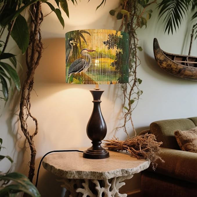 Bamboo Lampshade With Tropical colorful Funky Decorative, idea For Floor And table Lamps, Art deco livingroom bedroom office, Rustic And Retro, Size 11.8Inch (Herons)