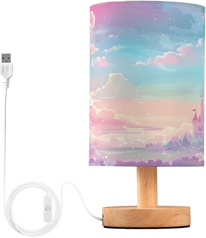 Bedside Lamp Princess Castle Pink Sky Table Lamp for Bedroom LED Nightstand Lamp Shade USB Ports Wood Base for Living Room Dorm Office