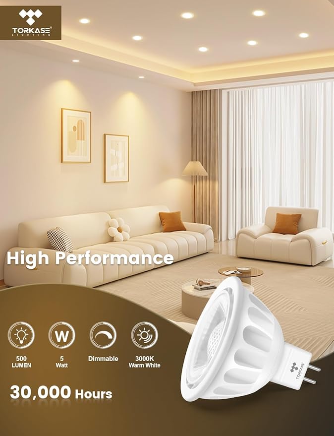 Torkase MR16 LED Bulb Dimmable,GU5.3 Bi-Pin Base MR16 LED Bulbs,5W(50W Equivalent),Outdoor Landscape 12V Low Voltage Light Bulbs,3000K Soft Warm White Recessed Tracking Spot Lights,UL Listed-10Pack
