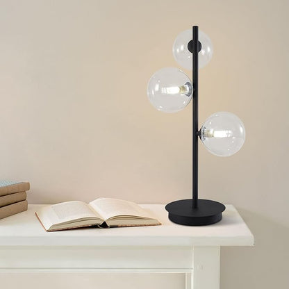 3-Light Black Table Lamp, Mid Century Nightstand Lamp with Clear Glass Globe Shade, Contemporary Bedside Lamp for Bedroom Living Room Study Room