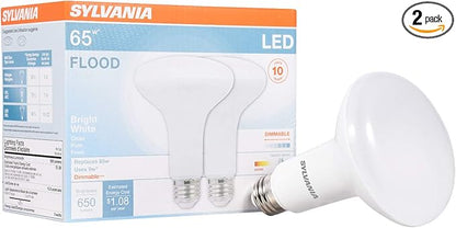 Sylvania LED Flood Light Bulb, BR30, 65W Equivalent, Efficient 9W, Dimmable, 10 Year, 650 Lumens, 3500K, Bright White - 2 Pack (78029)