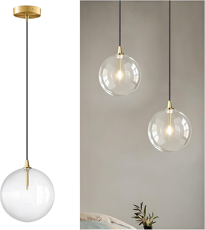 Minimalist Transparent Glass Ball Pendant Light in Gold Finish, Height Adjustable G4 LED Ceiling Haning Light for Dining Room & Living Room (25CM)