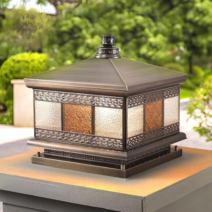 All Copper Steel Glass Outdoor Post lights, Waterproof Pillar Light, Vintage Patio Lawn Column Lamp,outdoor column lights,Deck Lights, Lantern Fence Lamp Fixture E26 Base (Flower glass, 16X16IN)
