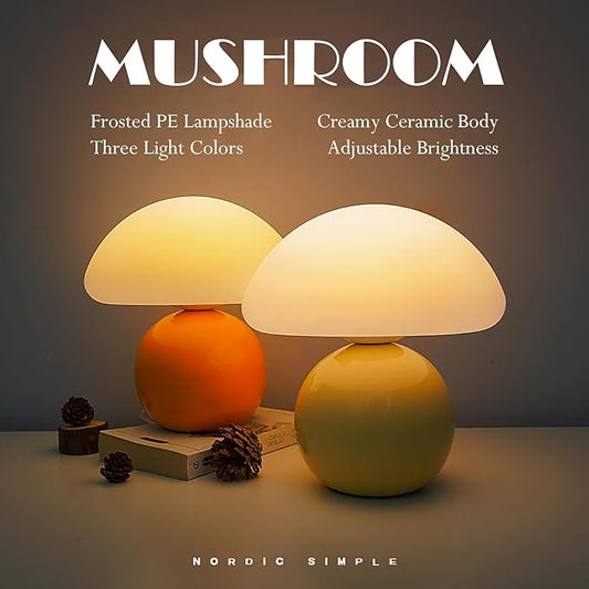 Cute Small Mushroom Lamp, PE Lampshade, Ceramic Spherical Base, Adjustable Light Color and Brightness, Safe USB Powered, Energy-Saving LED Mushroom Light for Bedroom Living Room (Cream)