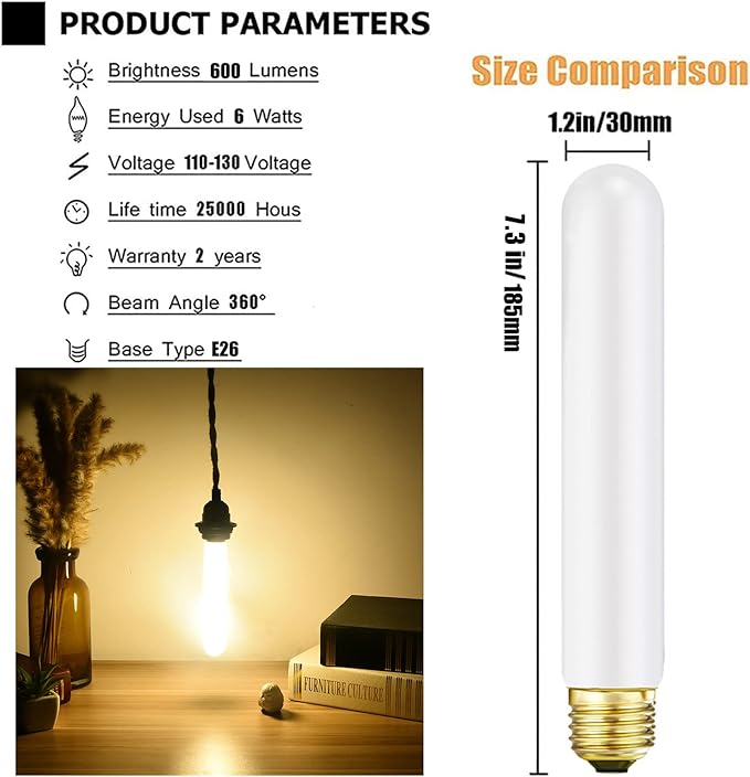 T10 LED Light Bulb 7.3inch E26 Base Matt Opal Porcelain Warm White 2700K Dimmable Edison 6W Led Tubular Bulb,600LM,60 Watt Equivalent,Outside Frosted Glass,for Cabinet Display Cabinet etc,4 Pack.