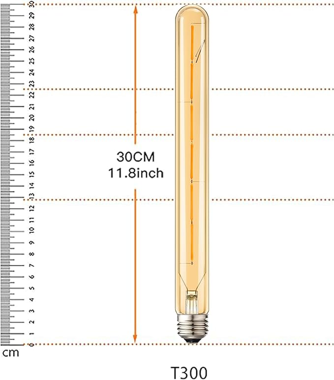 Leools 4-Pack Vintage LED Filament Bulb T300 Dimmable Led Edison Light Bulb 6W(60W Equivalent) 11.8inch Long Tubular Vintage LED Light,Amber Glass,Warm White 2700K,E26 Medium Base