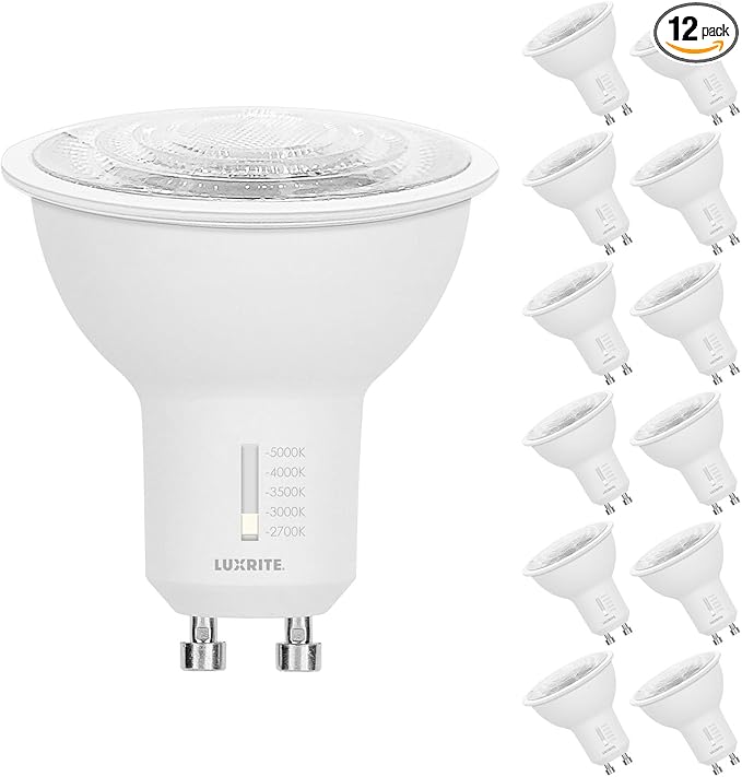 LUXRITE GU10 LED Bulbs Dimmable, 50W Halogen Equivalent, 5 Color Selectable 2700K-5000K, 6.5 Watt, 500 Lumens, 120V Spotlight LED Bulb GU10, Enclosed Fixture Rated (12 Pack)