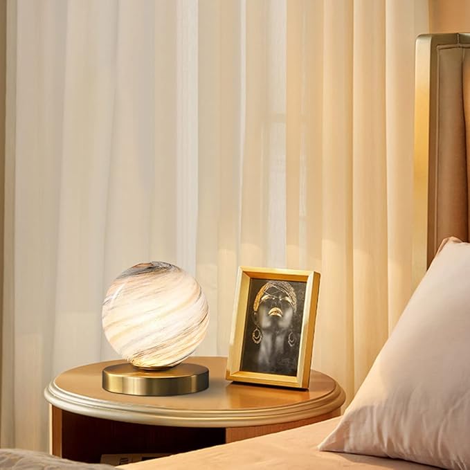 Bedside Table Lamp Gold Desk Lamp Reading Lamp with Handblown Glass Globe Shade, Plug in Table Desk Lamp for Bedroom Office Library Study Room