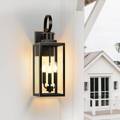 3-Light Outdoor Wall Light Fixtures, 19 Inch Large Waterproof Exterior Wall Sconces with Glass Shades, Black with Gold Trim Anti-Rust Outside Wall Lantern for House, Front Porch, Patio, Garage
