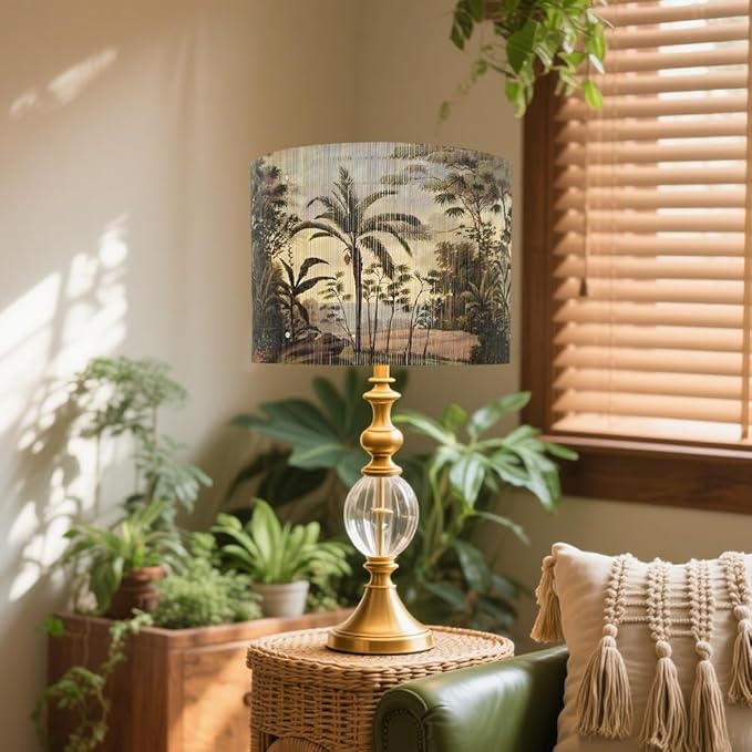 Bamboo Lampshade With Tropical Plants green floral Design, Suitable For Floor Lamps And Desk Lamps, Art deco, Rustic And Elegant, Groovy Unique(11.8 * 9Inch) (Tropical Palm Tree)