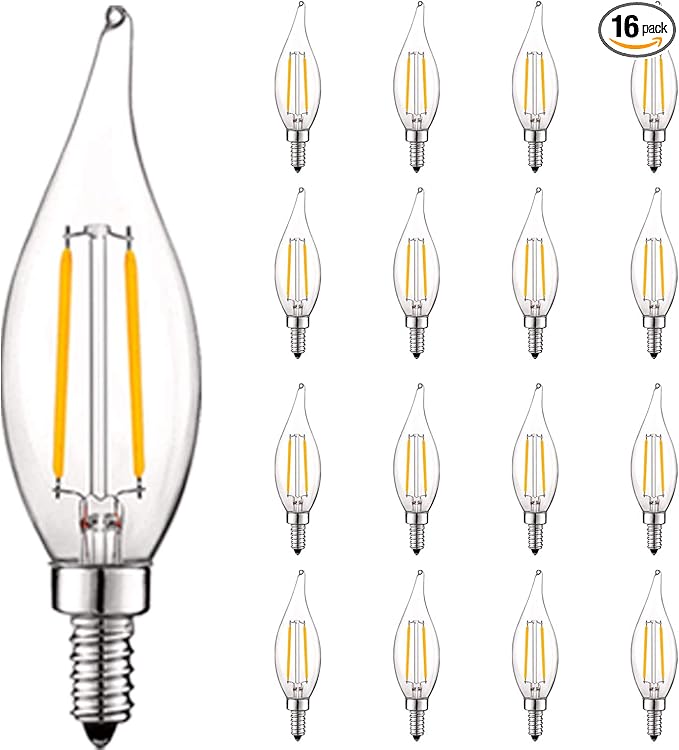 LUXRITE 4W Vintage Candelabra LED Bulbs Dimmable, 400 Lumens, 4000K Cool White, Chandelier Light Bulbs 40W Equivalent, Flame Clear Glass, Filament Candle Bulb, UL Listed, E12 Base (16 Pack)