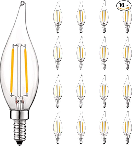 LUXRITE 4W Vintage Candelabra LED Bulbs Dimmable, 400 Lumens, 3000K Soft White, LED Chandelier Light Bulbs 40W Equivalent, Flame Clear Glass, Filament Candle Bulb, UL Listed, E12 Base (16 Pack)