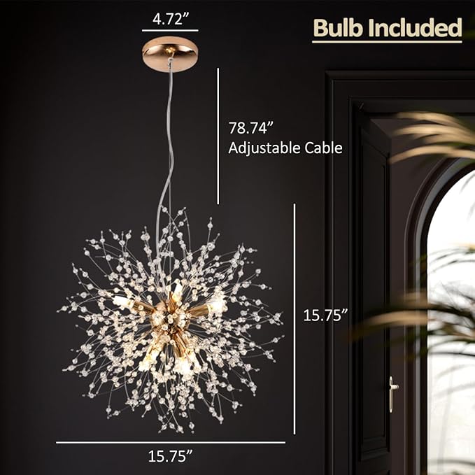 Small Modern Chandelier, 8 Lights Gold Dandelion Chandelier, Firework Crystal Chandeliers for Dining Room, Sputnik Pendant Light Fixture for Kitchen Island, Bedroom