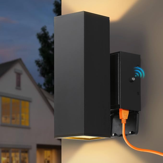 RAYVO Porch Light with Outlet Dusk to Dawn Outdoor Light Fixture Wall Mount with Matte Black Finish, Square Up and Down Lights Outdoor Sconce Aluminum Outside Lights for House Porch Garage Patio
