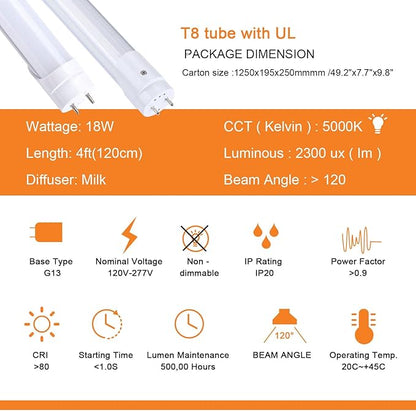 H&B Luxuries 25-Pack T8 LED 4FT Type A+B Light Bulbs 18W, 2300LM, G13 Base,Plug and Play or Ballast Bypass,T8 T10 T12 Fluorescent Bulbs Replacement, UL & DLC (5000K)
