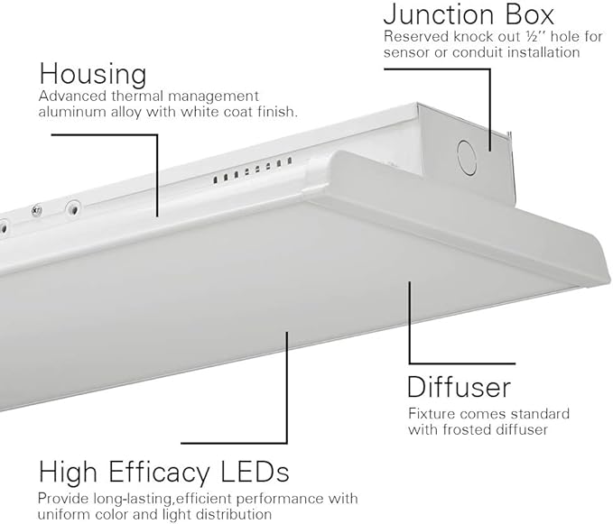 Konlite 4FT LED High Bay Light - Pack of 2-300W - 42000LM - 1-10V dimmable - 5000K - UL and DLC Listed - Replaces 8 Lamp Fluorescent T5 Fixture