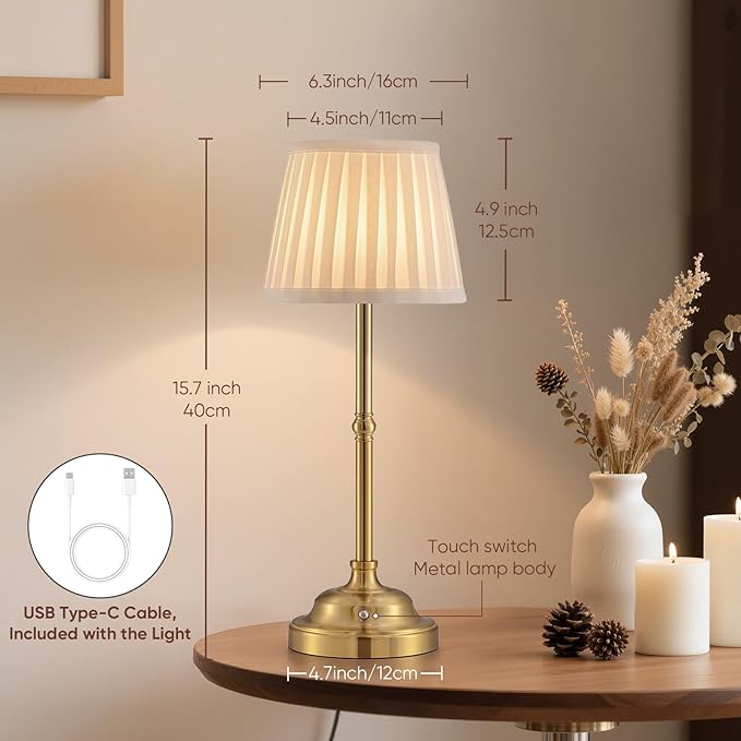YIEONSHION Portables Cordless Table Lamp, Fabric Shade Desk Lamp, Rechargeable Battery Powered Lighting, Dimmable Light for Dining Room, Bedroom, Bedside, Bar, Night Light, Camping, Balcony