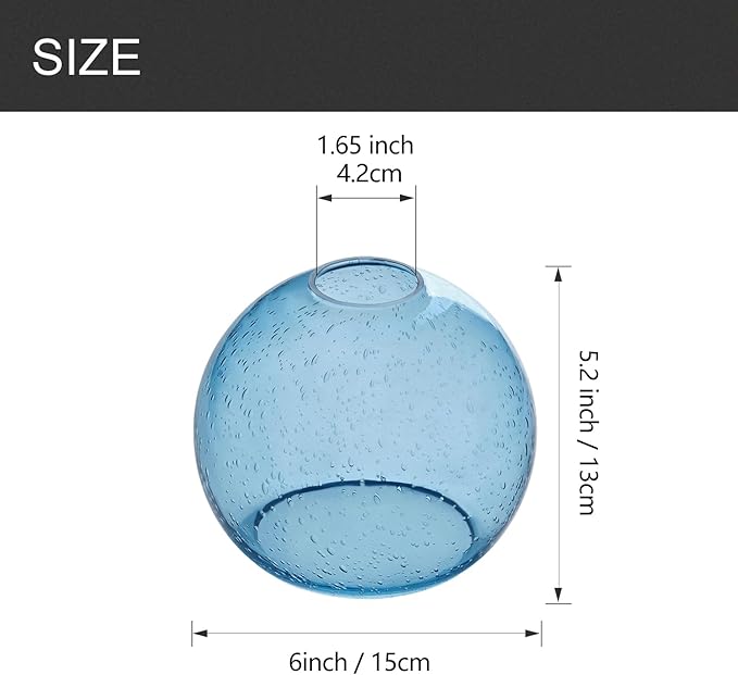 3 Pack Fixture Replacement Globe Shade, 6 Inch Diameter, E26 Base 1-5/8 Inch Fitter, Glass Globe Lampshade Cover for Pendant Wall Sconce Chandelier Vanity Light (3 Pack 6 Inch Blue Seeded Glass)