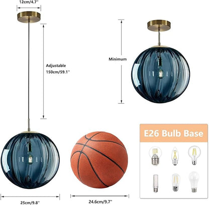 KCO Lighting Modern Large Globe Pendant Light 1-Light Single Blue Glass Pendant Lighting Kitchen Island Vintage Ribbed Glass Pendant Light Contemporary Gold Hanging Light Fixture (9.8”)