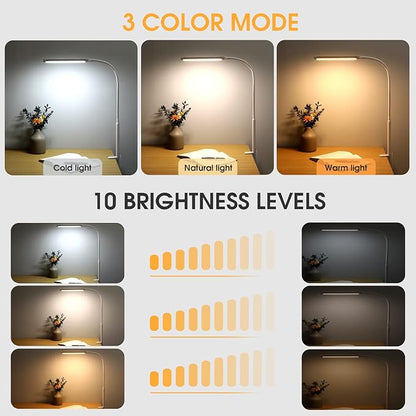 LED Desk Lamp with Clamp, Eye-Caring Clip on Lights for Home Office, 3 Modes 10 Brightness, Long Flexible Goose-Neck, Metal, Swing Arm Architect Task Table Lamps with USB Adapter, White