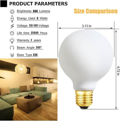 G25 LED Light Bulb E26 Base Matt Opal Porcelain Soft White 3000K Dimmable Edison 6W Led Globe Bulb,600LM,60 Watt Equivalent,Outside Frosted Glass,G80 Vintage LED Edison Globe Light Bulb,4 Pack.