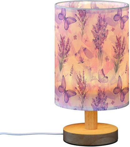 Bedside Lamp Purple Lavender Butterfly Table Lamp for Bedroom LED Nightstand Lamp Shade USB Ports Wood Base for Living Room Dorm Office