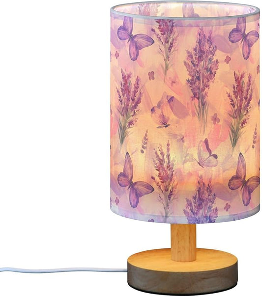 Bedside Lamp Purple Lavender Butterfly Table Lamp for Bedroom LED Nightstand Lamp Shade USB Ports Wood Base for Living Room Dorm Office