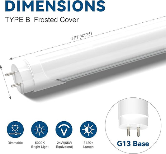 JESLED Dimmable T8 LED Type B Light Bulbs 4 Foot, 3120+Lumens, 5000K Daylight White, 24W (65W Equivalent), 4FT Fluorescent Tube Replacement, Ballast Bypass, Dual Ended Power, Frosted, 4-Pack