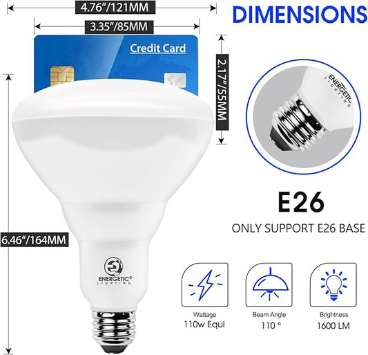 Energetic BR40 LED Light Bulbs, Indoor Flood Light, Dimmable, 2700K Soft White, 110W Equivalent, 1600LM, E26 Base, Recessed Can Lights, High Lumen, Flicker Free, UL Listed, 6 Pack