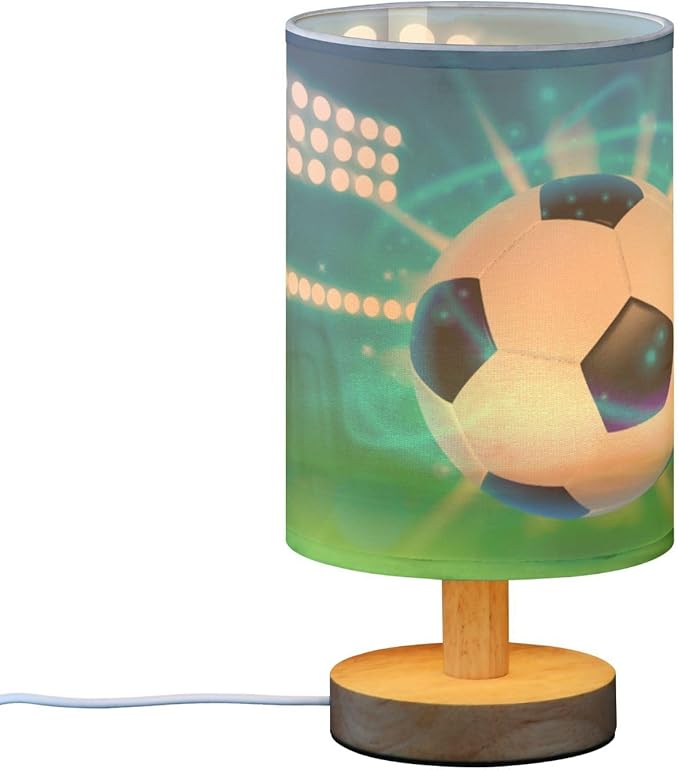 Bedside Lamp Soccer Ball on Field Table Lamp for Bedroom LED Nightstand Lamp Shade USB Ports Wood Base for Living Room Dorm Office