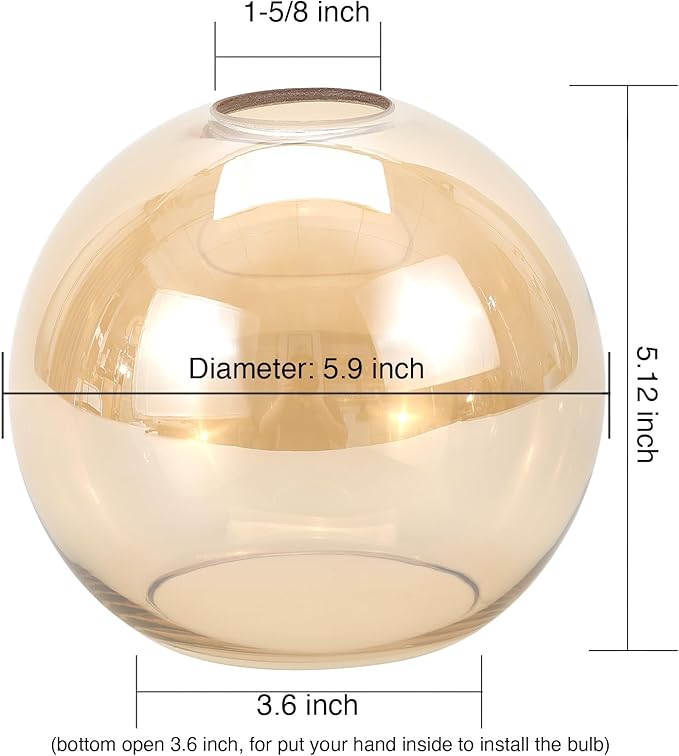 2 Pack Clear Amber Glass Globe Shade Replacement Globe & Cover for Lighting Fixture, 5.9" Diameter, 1-5/8 inch Fitter
