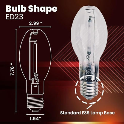 Mogul Base (E39), LU150/MOG 150 Watt High Pressure Sodium Light Bulb, ANSI Code S55, 16500 Lumen, 24000 Life Hours, ED23 Clear Bulb, 2100K